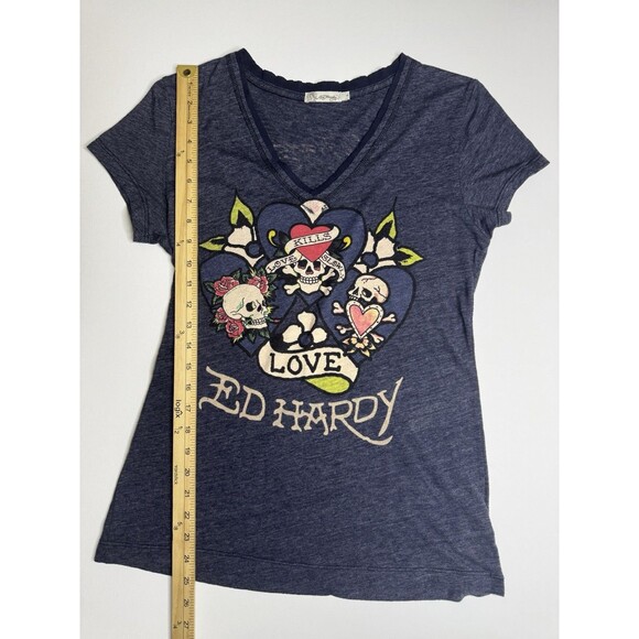 Ed Hardy Rose Skull Graphic Tattoo Y2K Christian Audigier Women’s Shirt Large - Picture 3 of 5